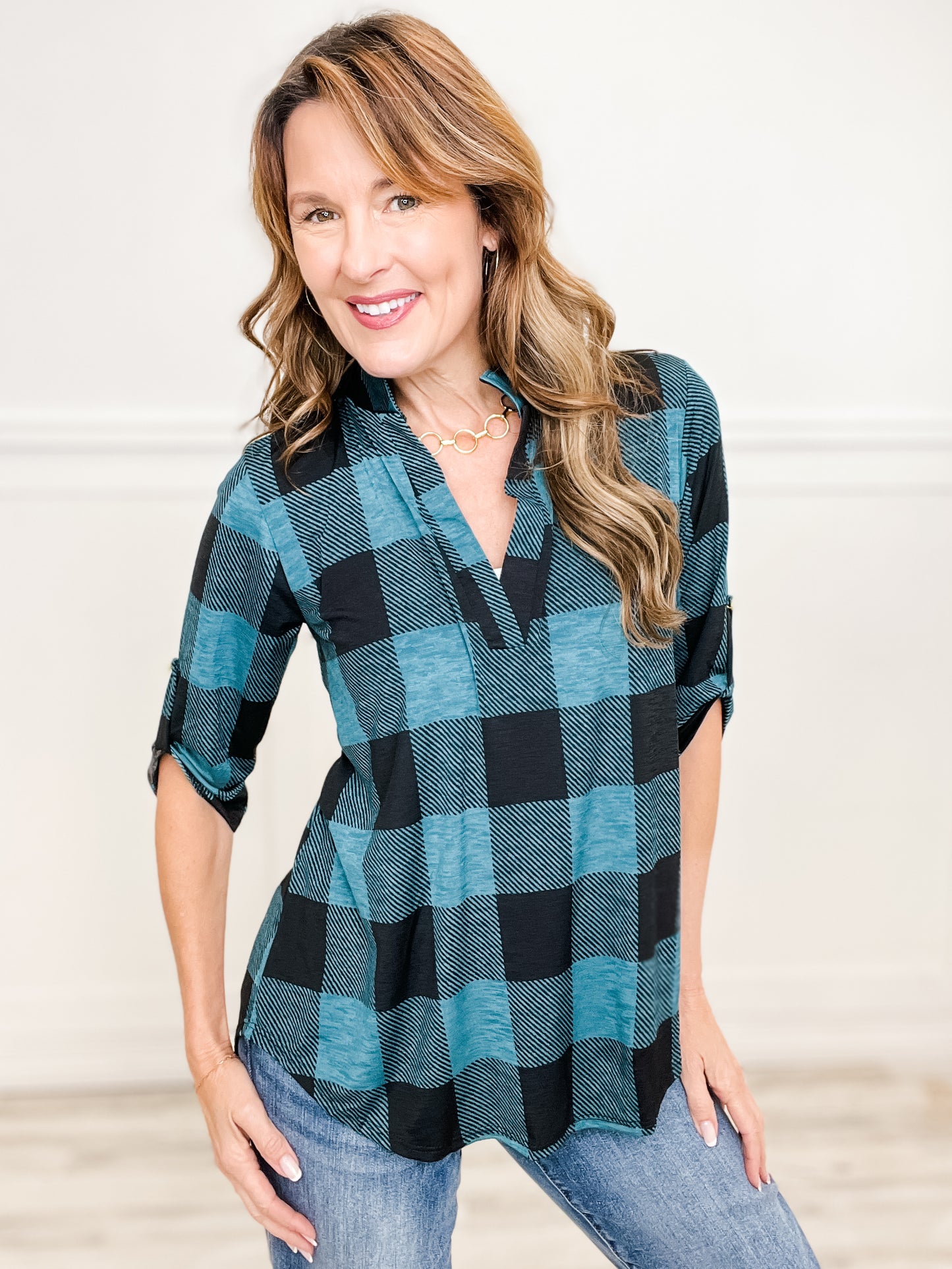 Roll Up Button Sleeve V-Neck Plaid Top