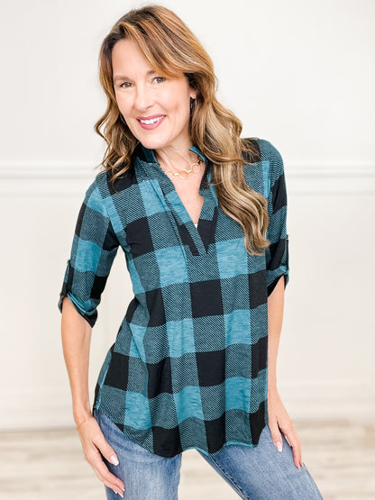 Roll Up Button Sleeve V-Neck Plaid Top