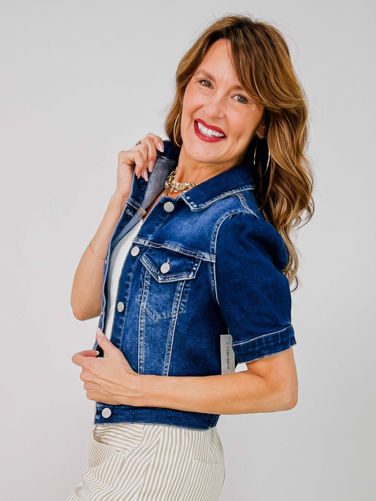 Risen Puffed Short Sleeve Cropped Denim Jacket