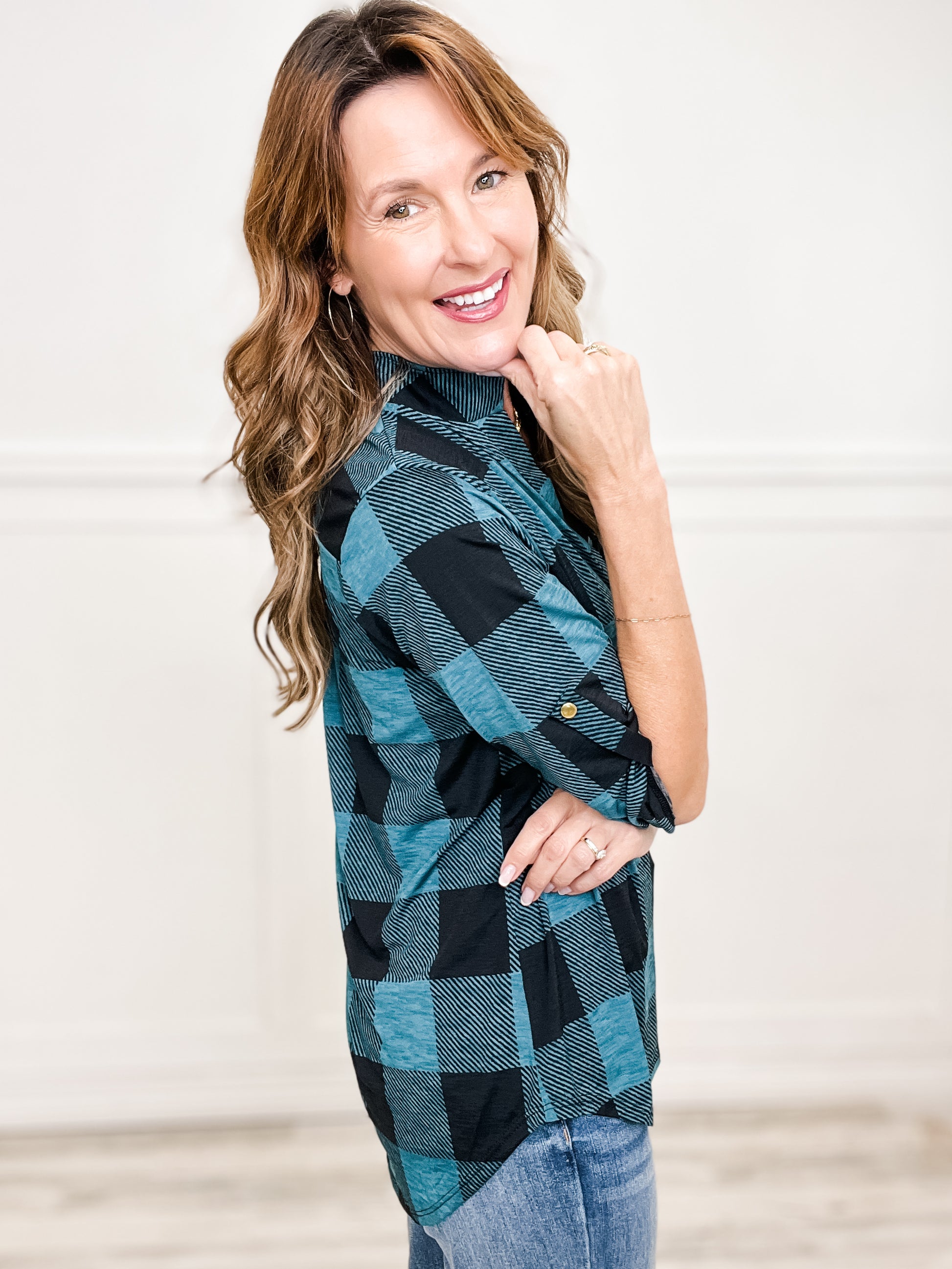 Roll Up Button Sleeve V-Neck Plaid Top