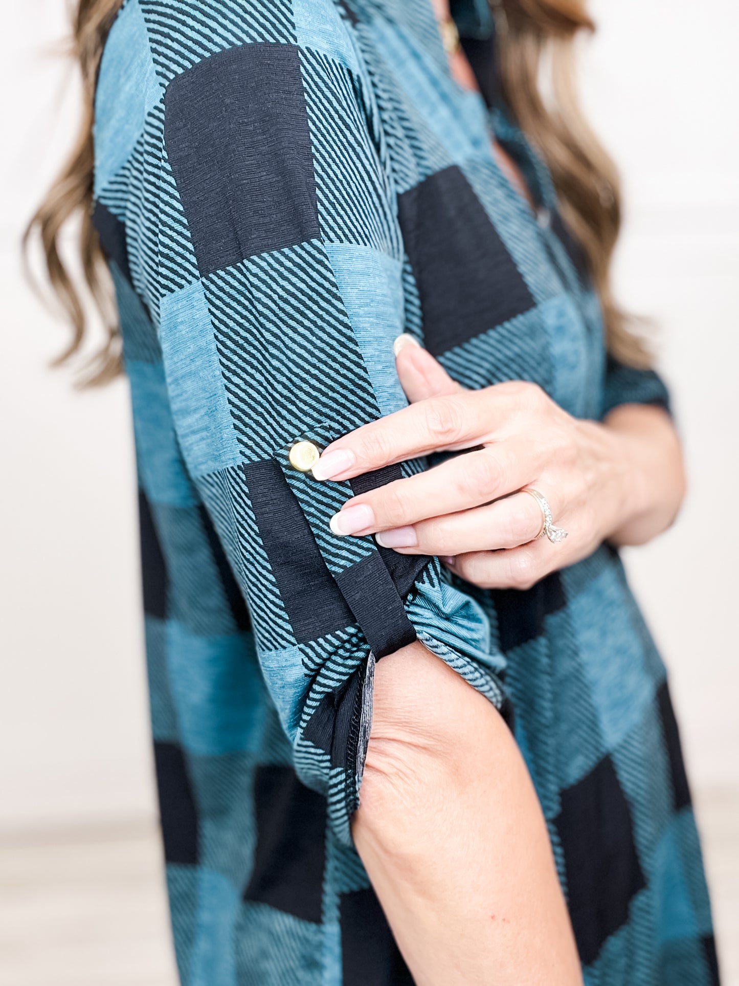 Roll Up Button Sleeve V-Neck Plaid Top