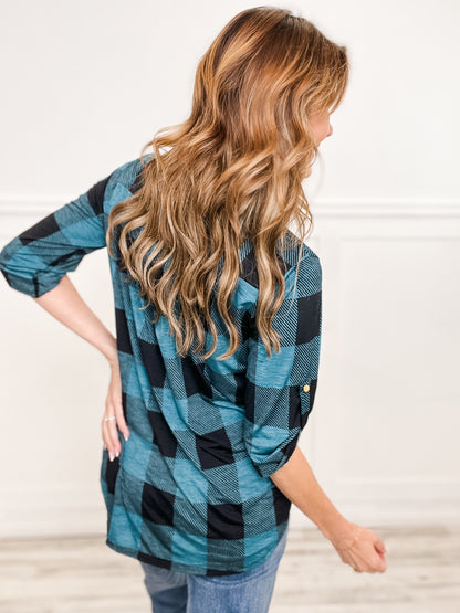 Roll Up Button Sleeve V-Neck Plaid Top