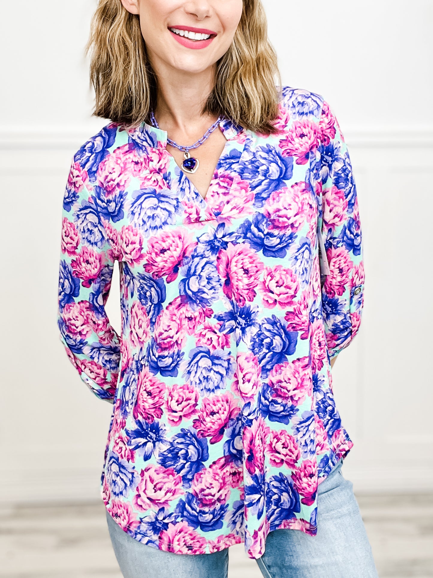 Promise Me A Rose Garden Lizzy Top with 3/4 Inch Sleeves and V-Neckline