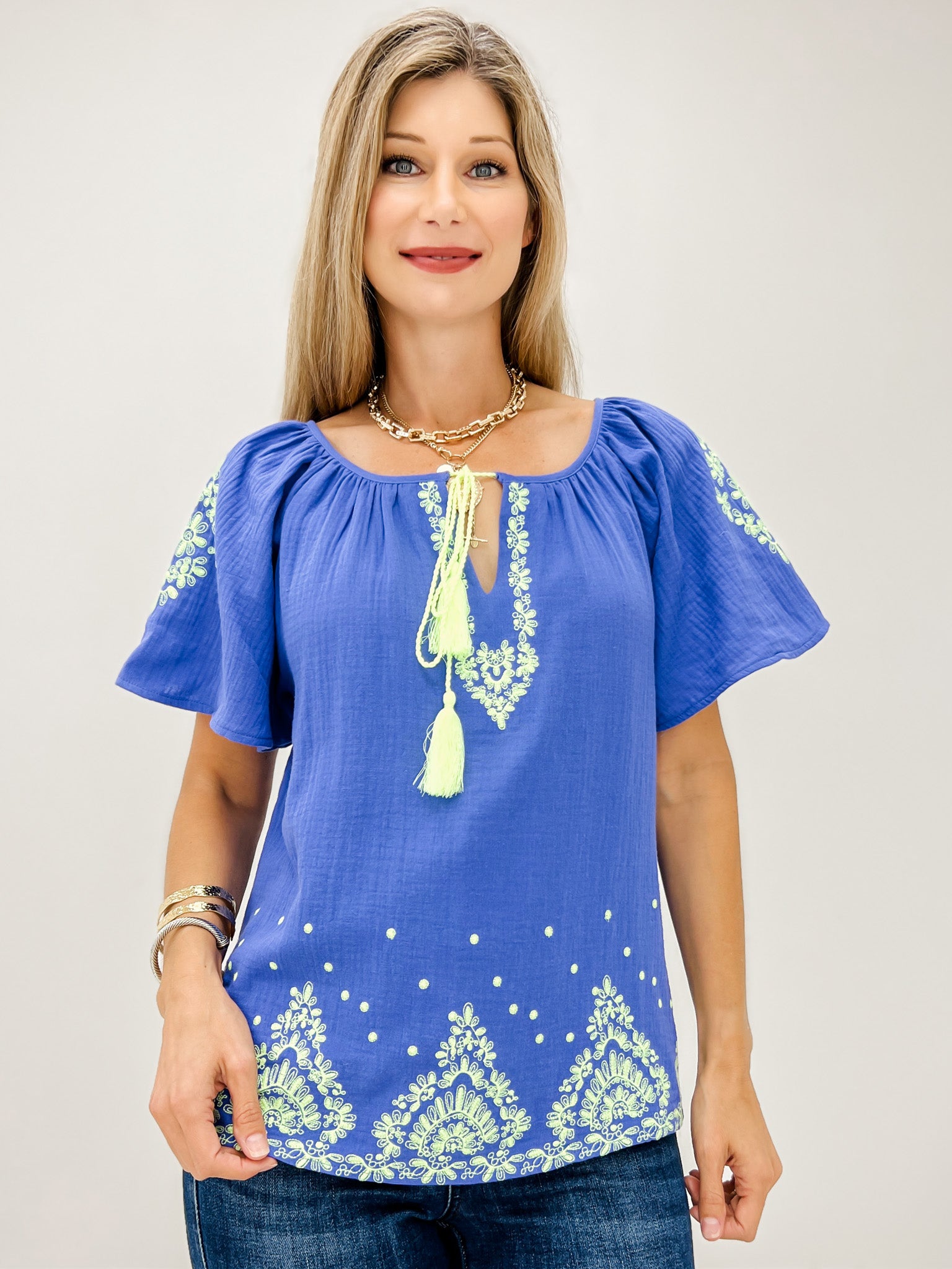 Short Sleeve Embroidered Detail Cotton Gauze Top