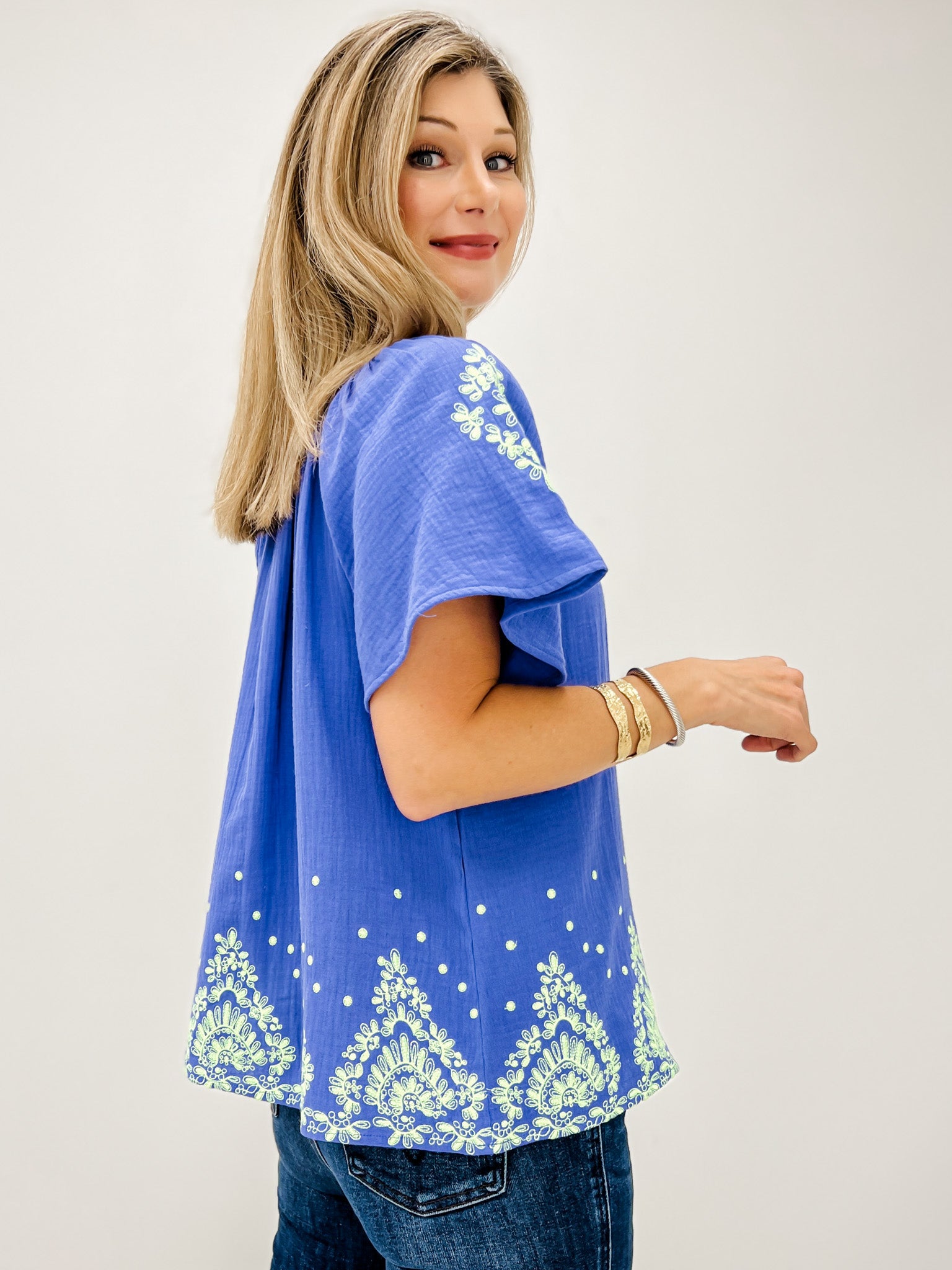Short Sleeve Embroidered Detail Cotton Gauze Top