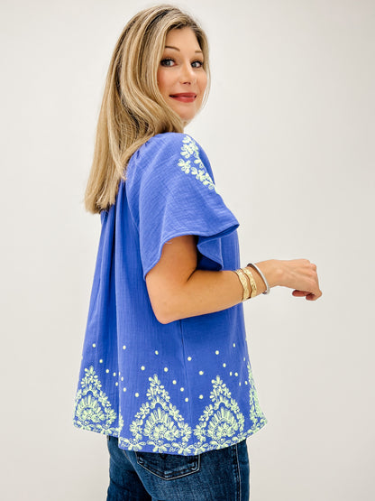 Short Sleeve Embroidered Detail Cotton Gauze Top