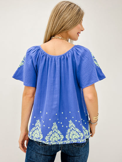 Short Sleeve Embroidered Detail Cotton Gauze Top