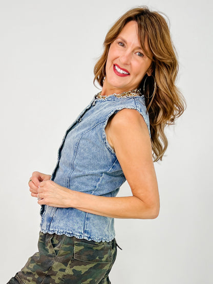 Button Up Denim Vest with Scallop Edge Detail