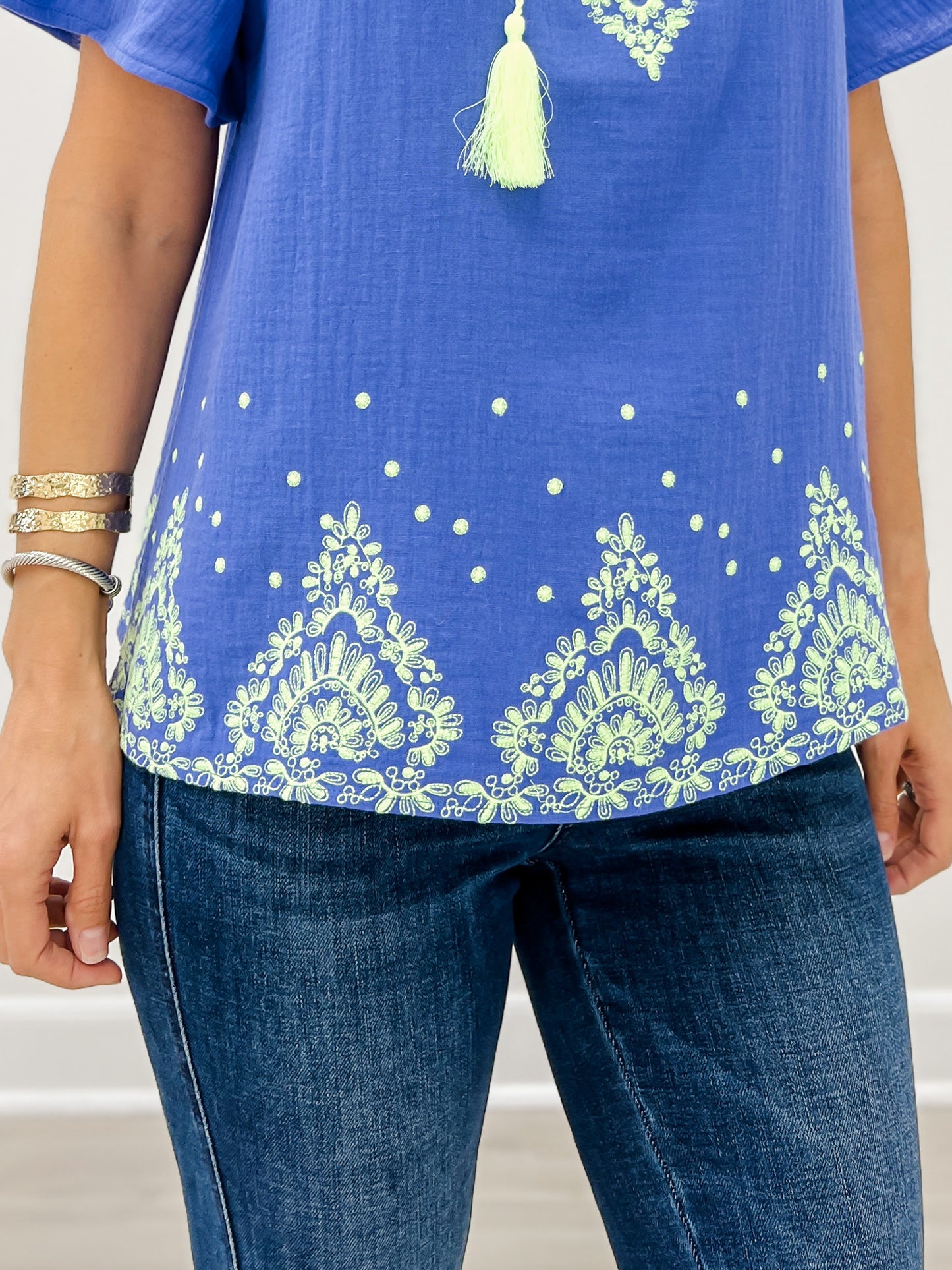 Short Sleeve Embroidered Detail Cotton Gauze Top