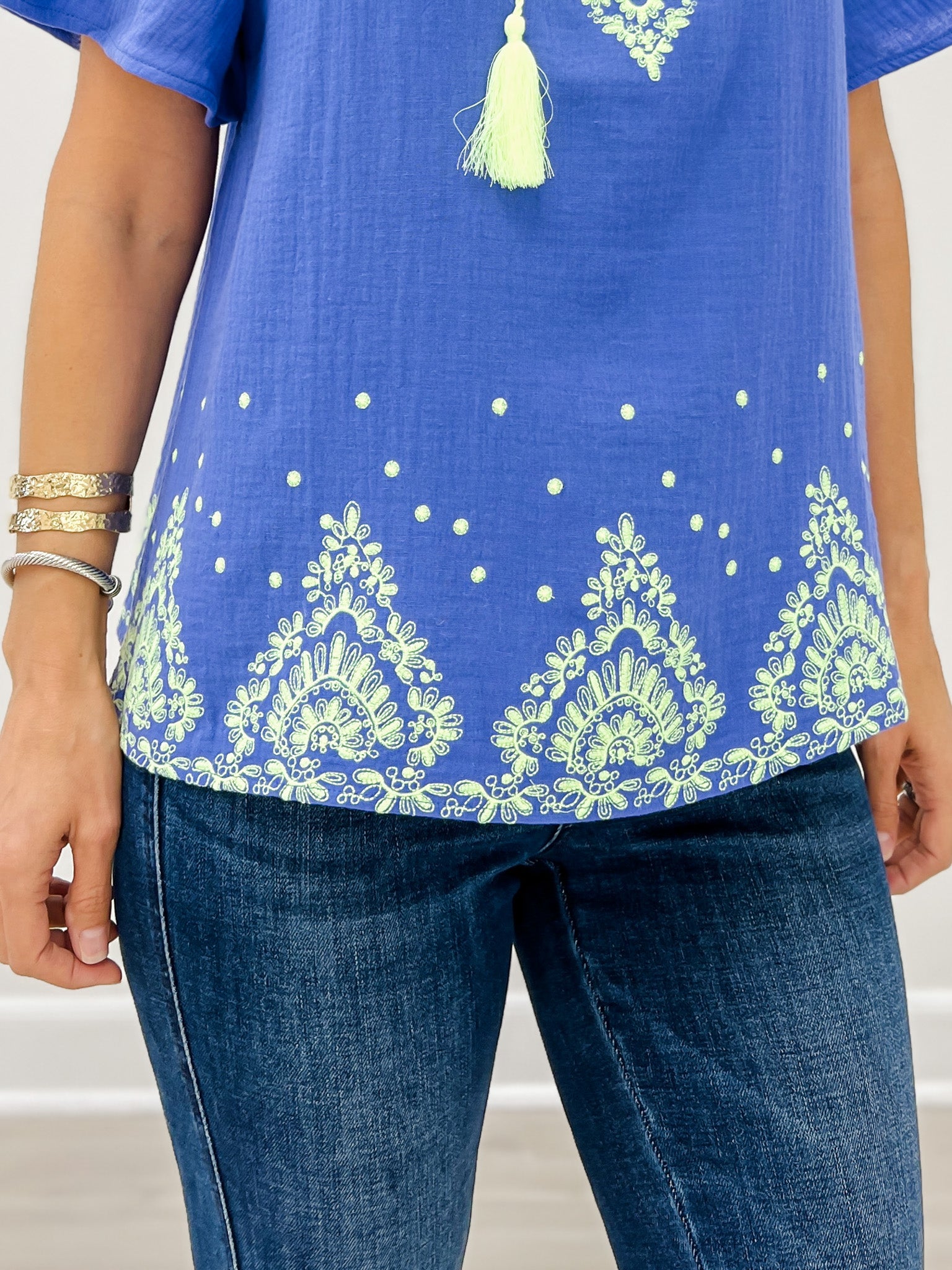 Short Sleeve Embroidered Detail Cotton Gauze Top
