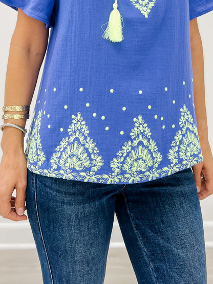 Short Sleeve Embroidered Detail Cotton Gauze Top