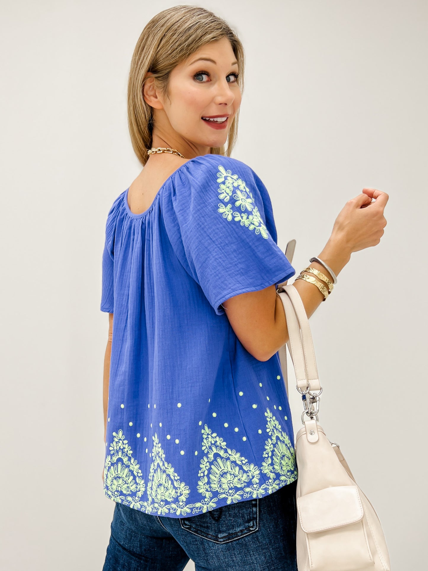 Short Sleeve Embroidered Detail Cotton Gauze Top