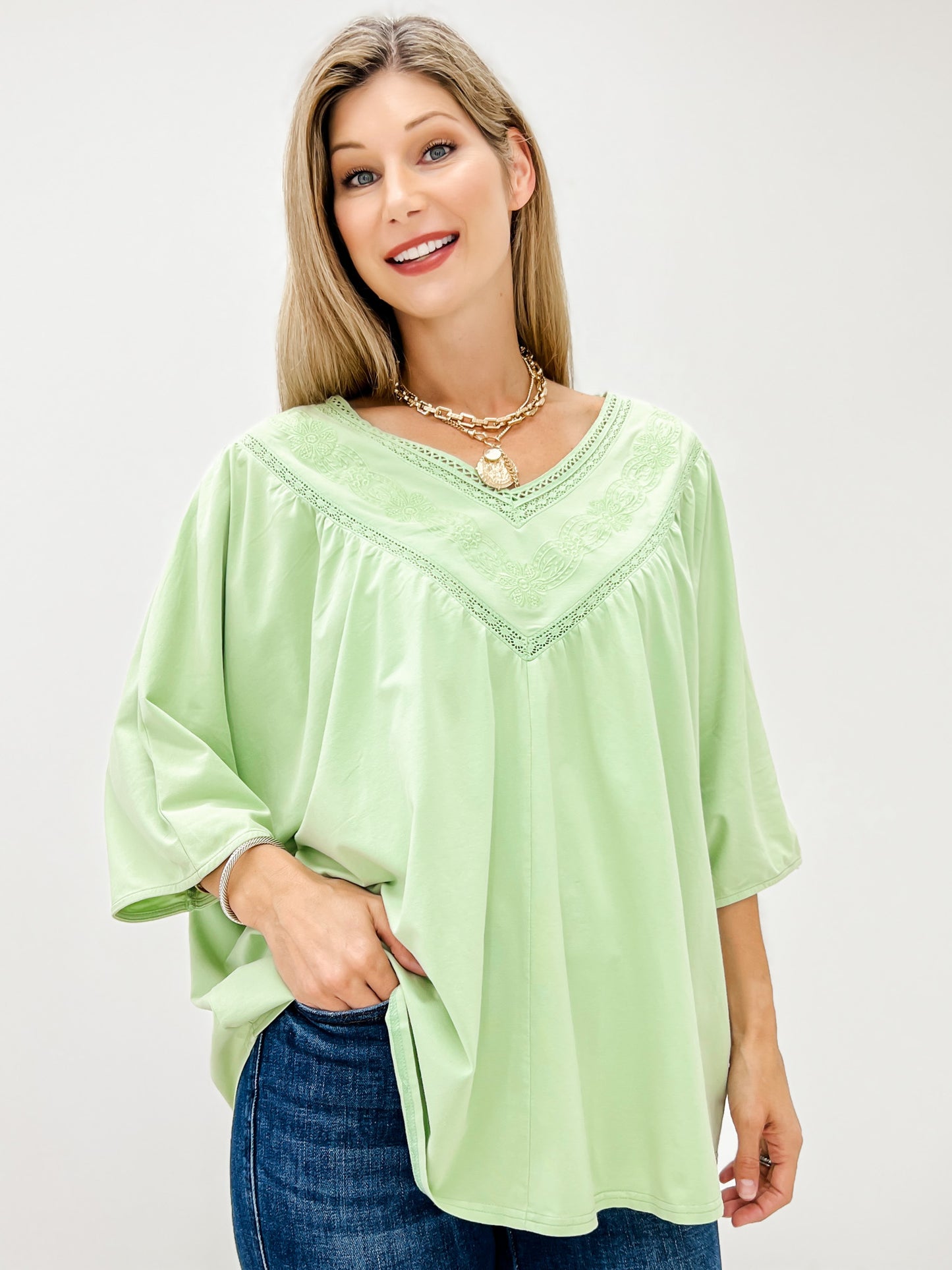 Half Sleeve Embroidered Mineral Wash V-Neck Top