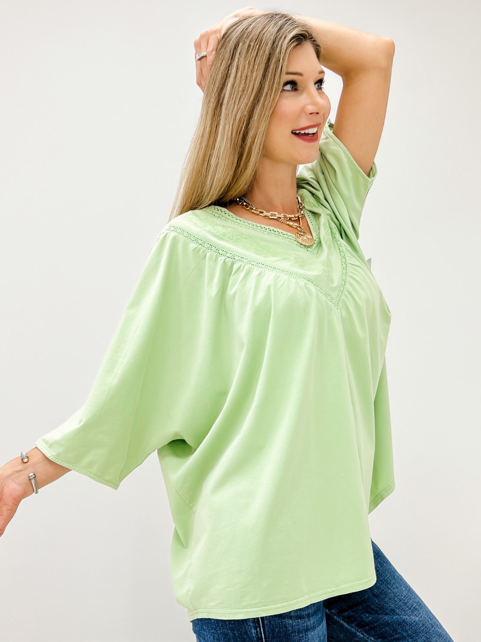 Half Sleeve Embroidered Mineral Wash V-Neck Top