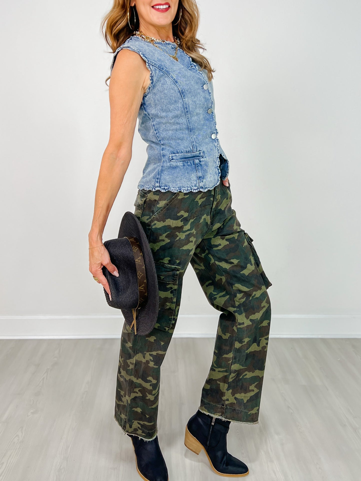 Button Up Denim Vest with Scallop Edge Detail