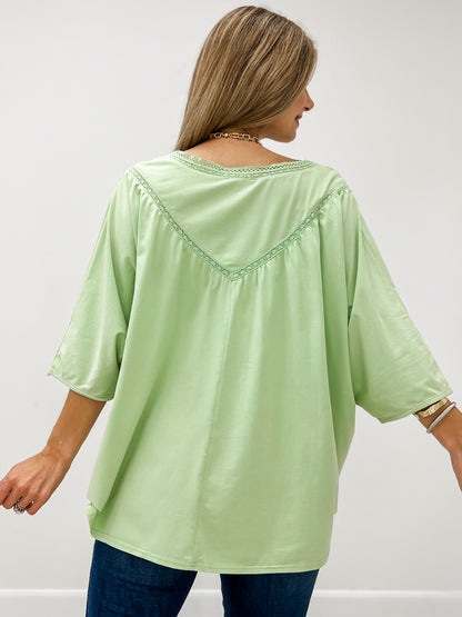 Half Sleeve Embroidered Mineral Wash V-Neck Top