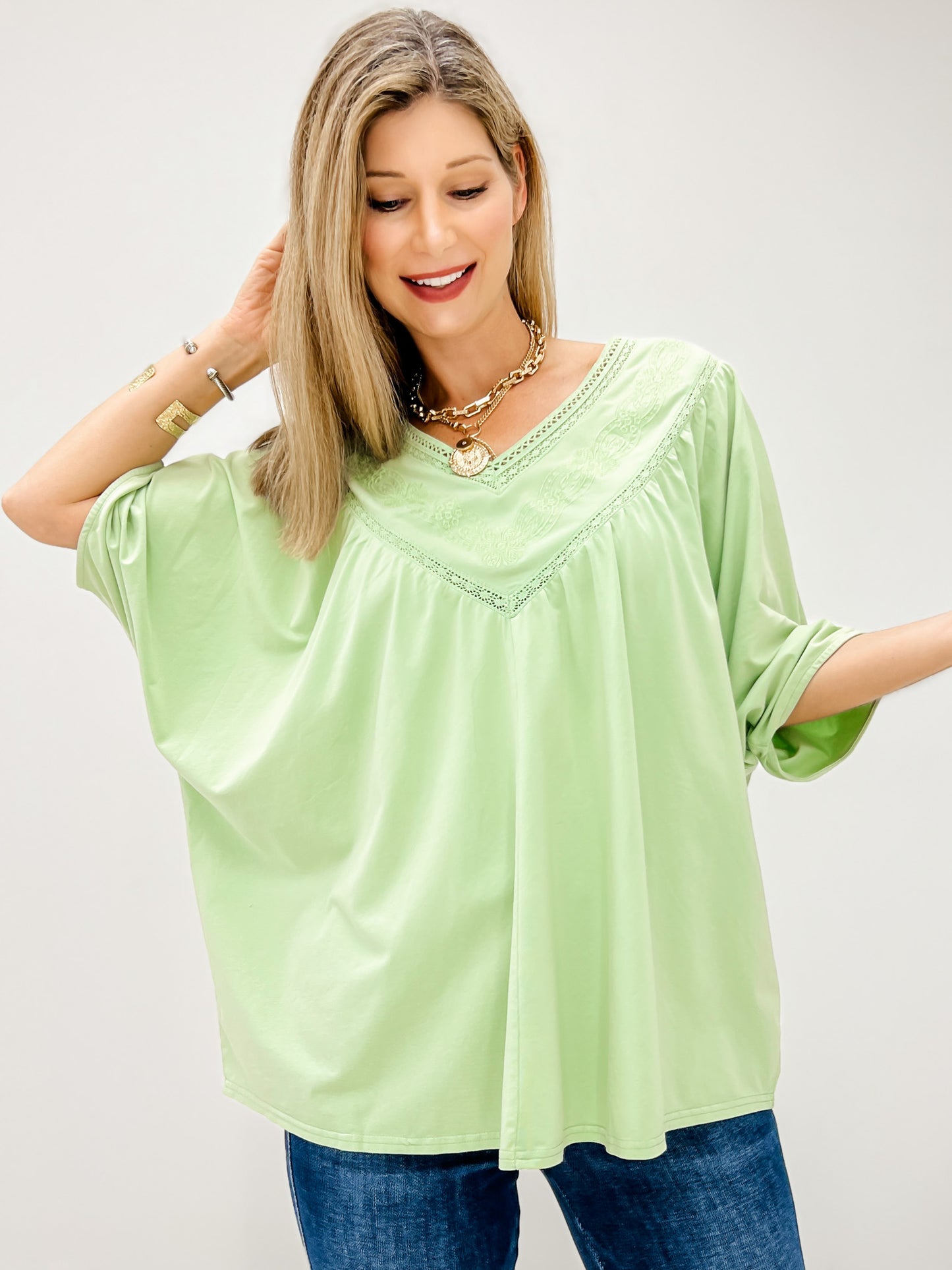 Half Sleeve Embroidered Mineral Wash V-Neck Top