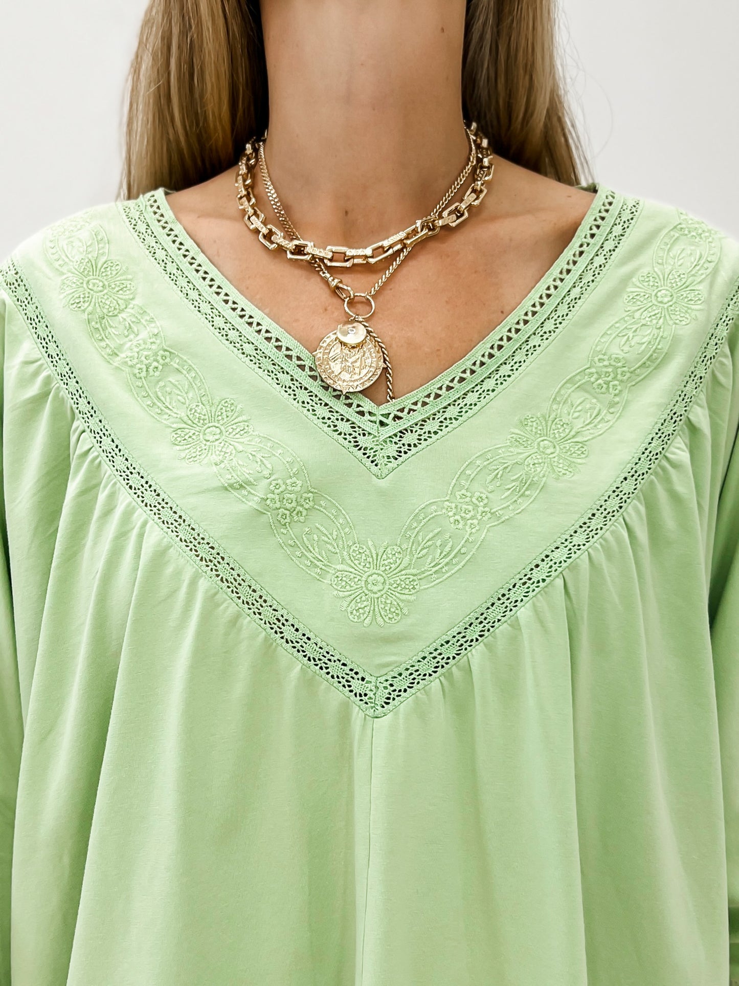 Half Sleeve Embroidered Mineral Wash V-Neck Top