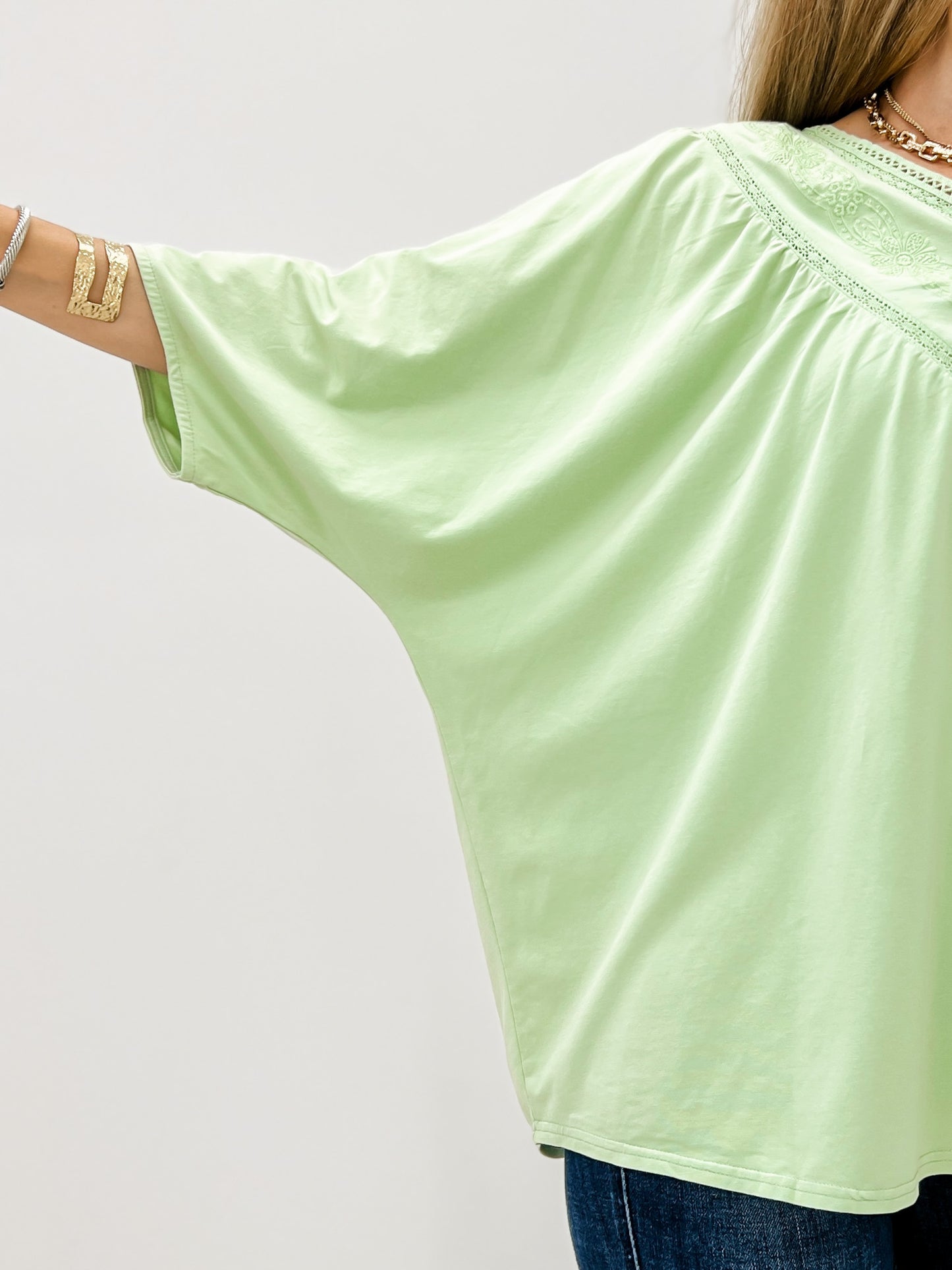 Half Sleeve Embroidered Mineral Wash V-Neck Top