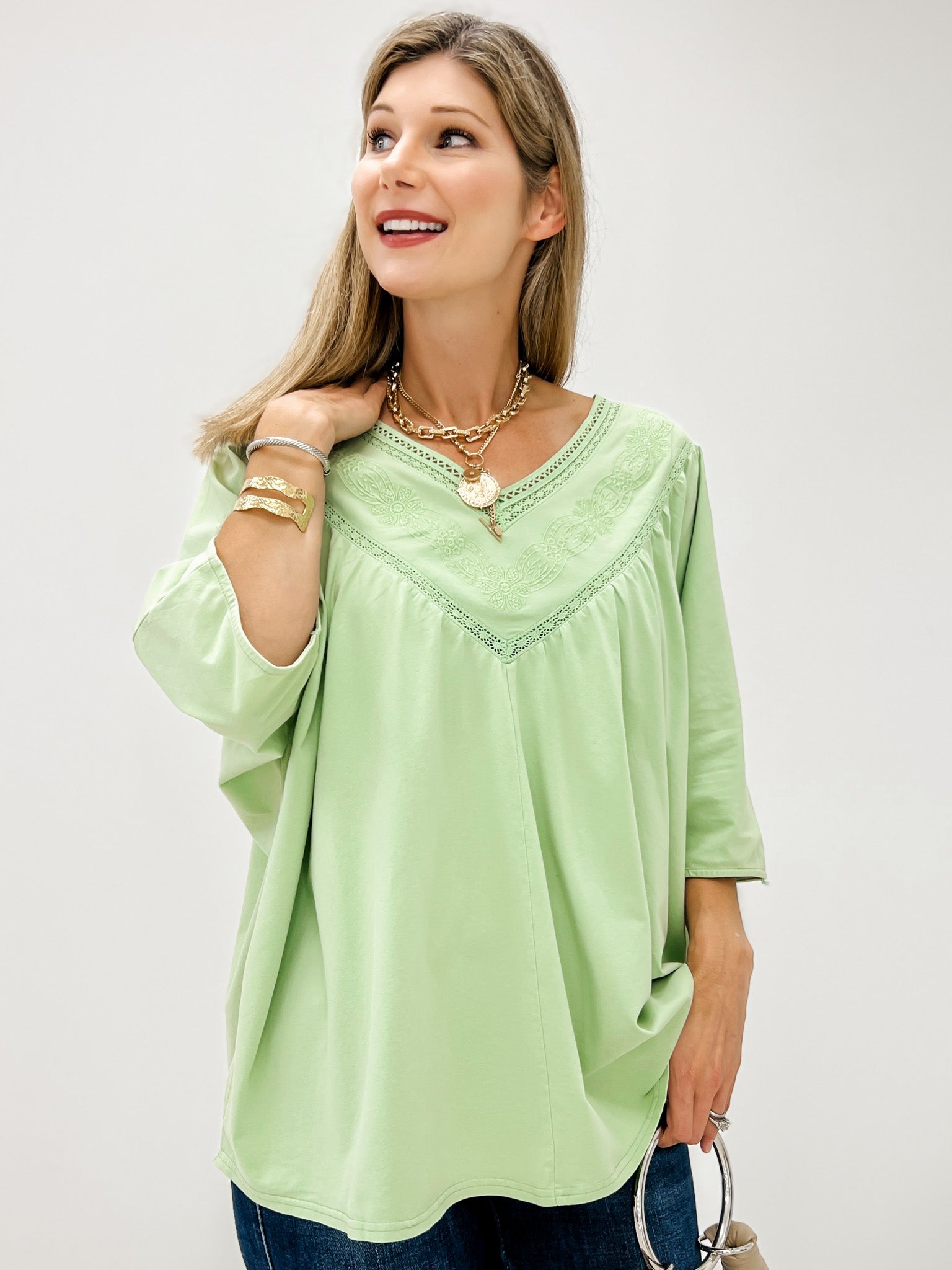 Half Sleeve Embroidered Mineral Wash V-Neck Top