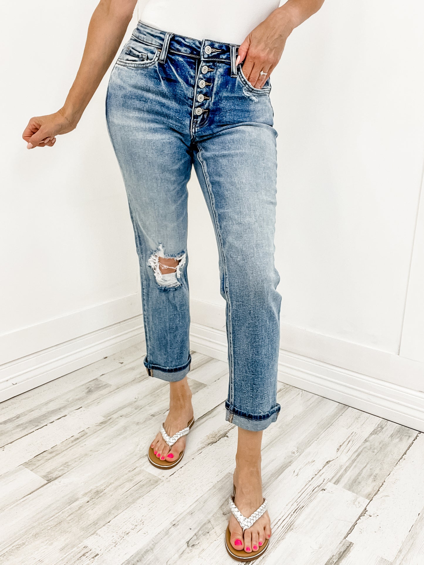 Vervet Daisy Stretch Boyfriend Denim Jeans with Button Fly