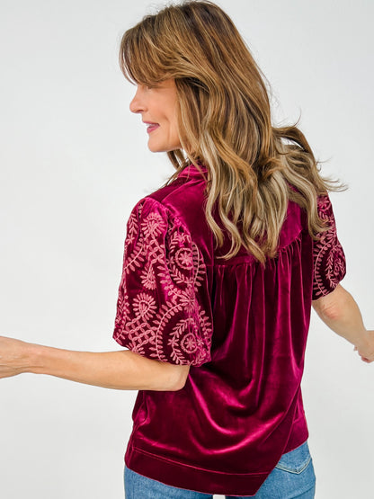 Velvet V-Neck Embroidered Sleeve Top