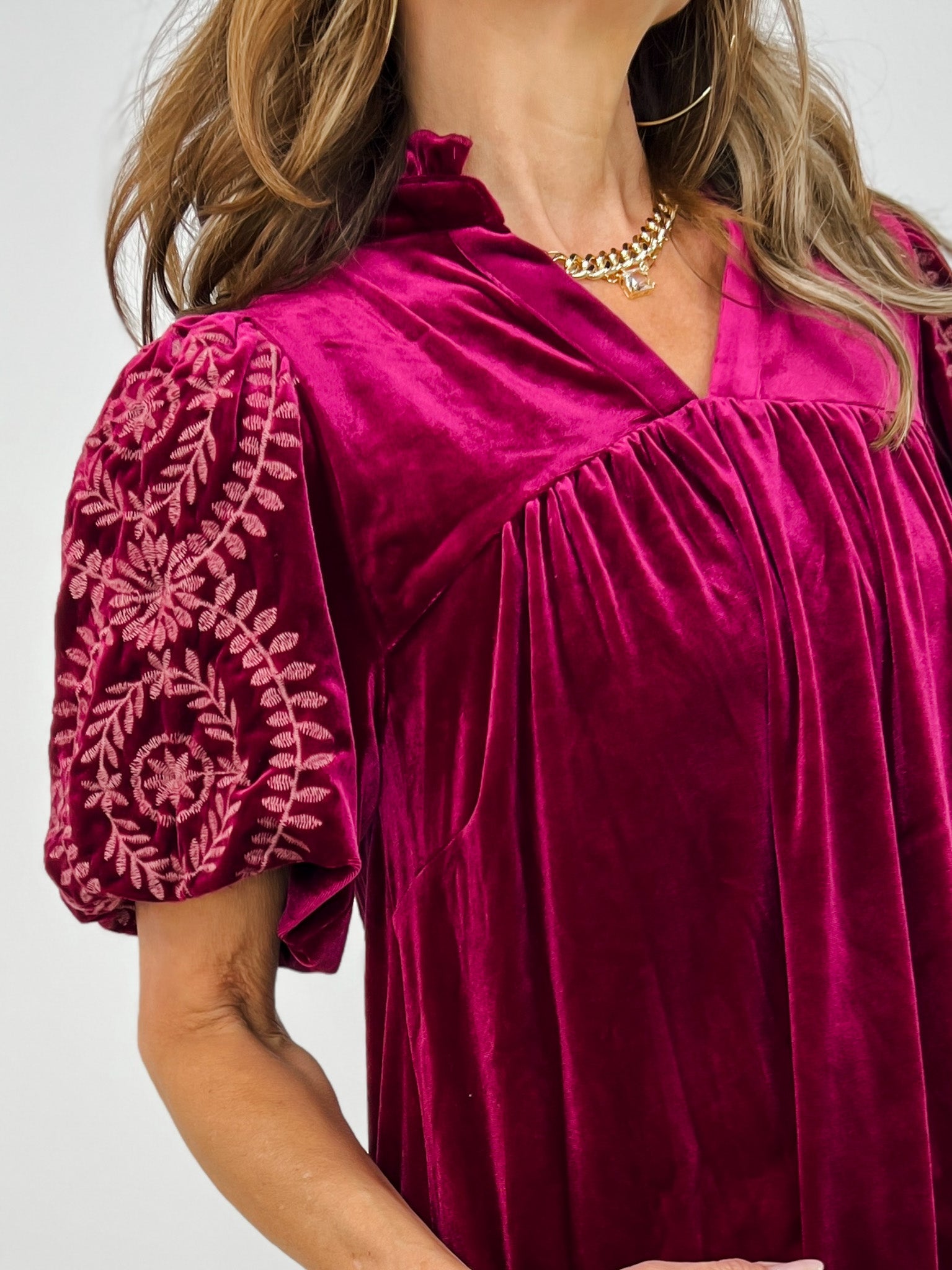 Velvet V-Neck Embroidered Sleeve Top
