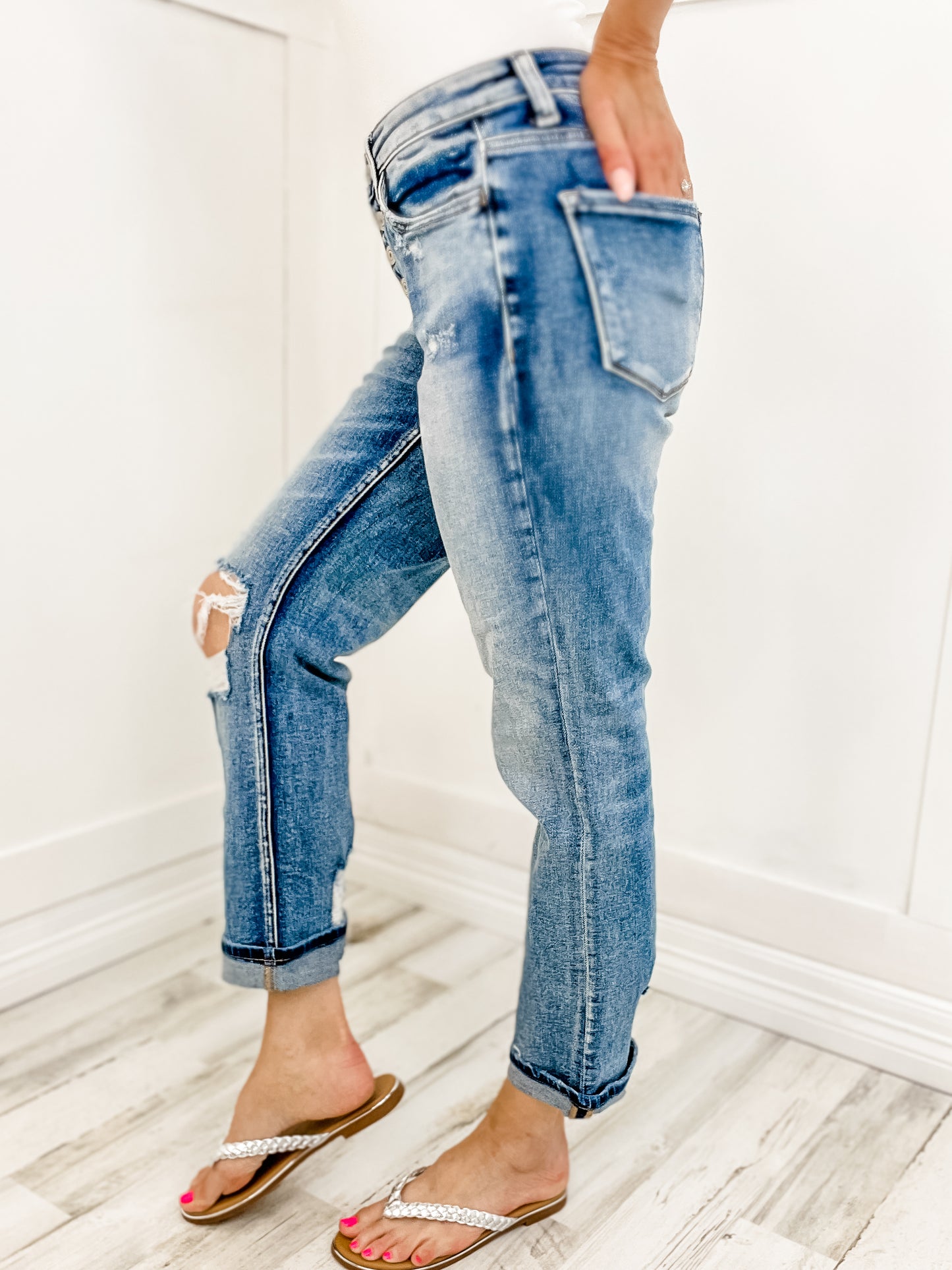 Vervet Daisy Stretch Boyfriend Denim Jeans with Button Fly