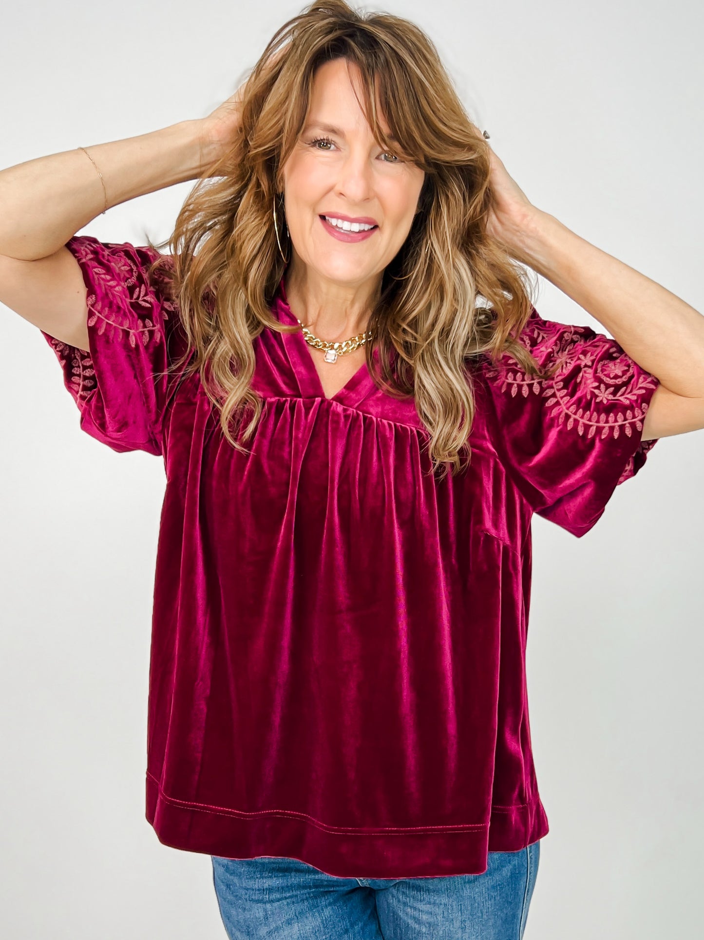 Velvet V-Neck Embroidered Sleeve Top