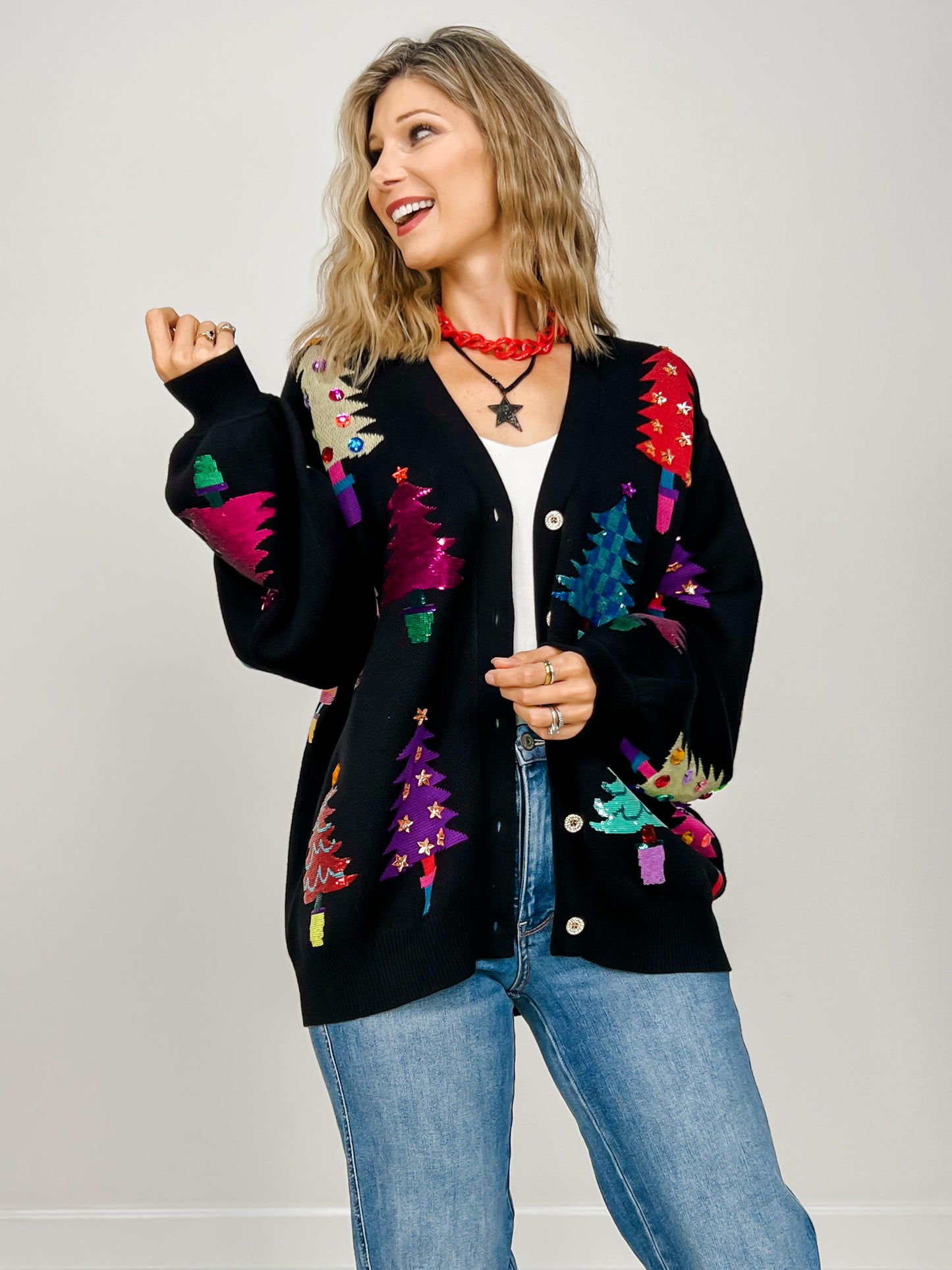 Queen of Sparkles Black Colorblock Trees Cardigan