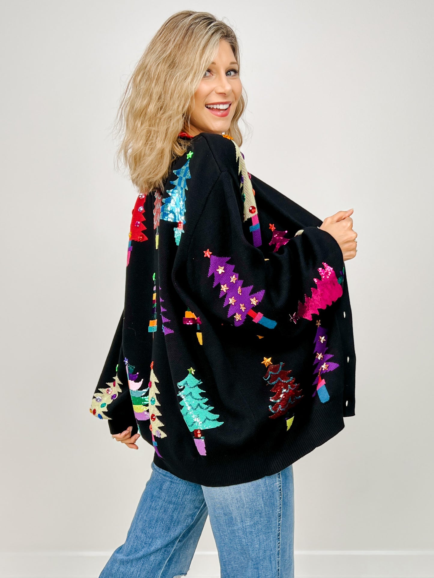 Queen of Sparkles Black Colorblock Trees Cardigan