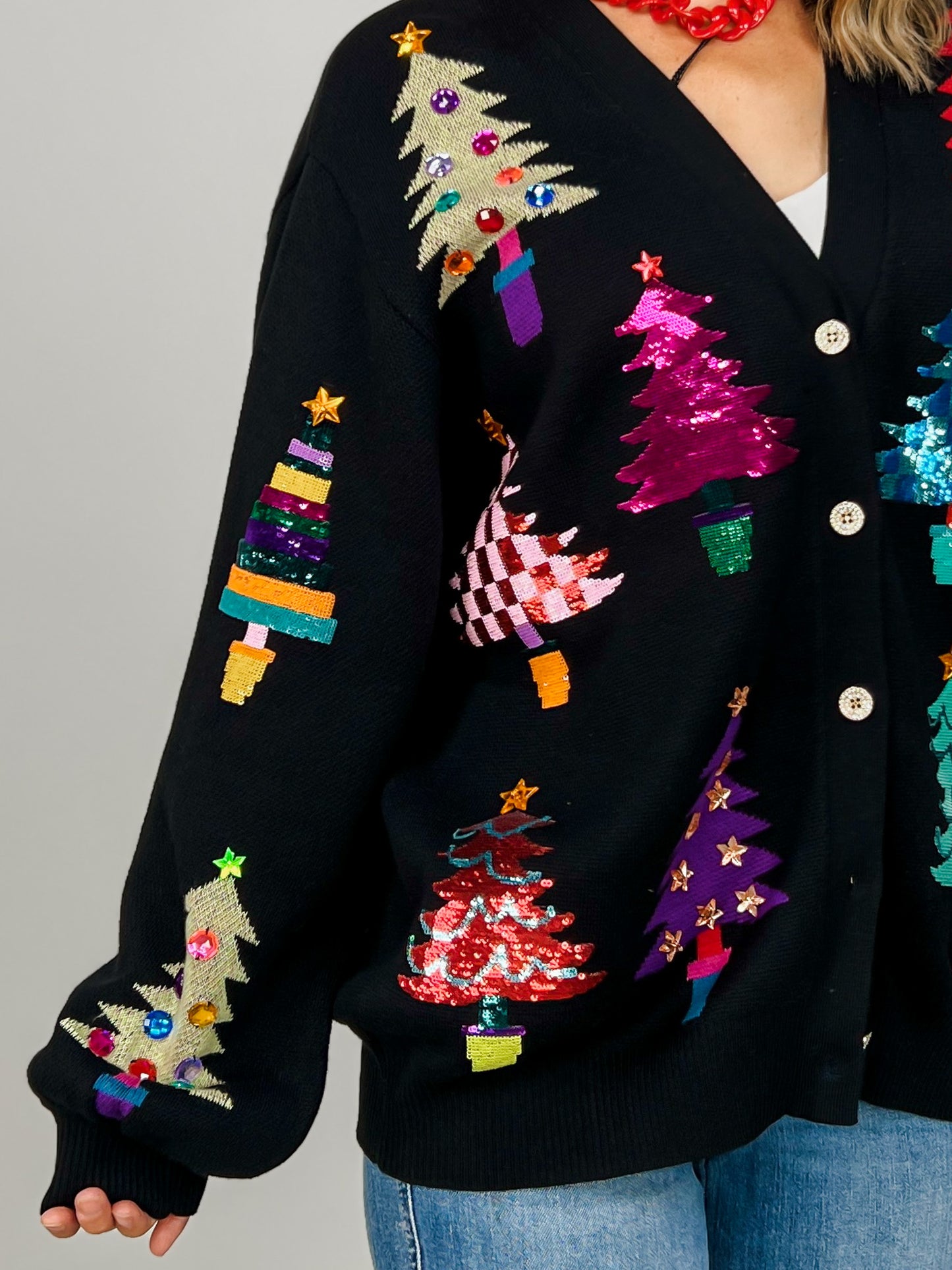 Queen of Sparkles Black Colorblock Trees Cardigan