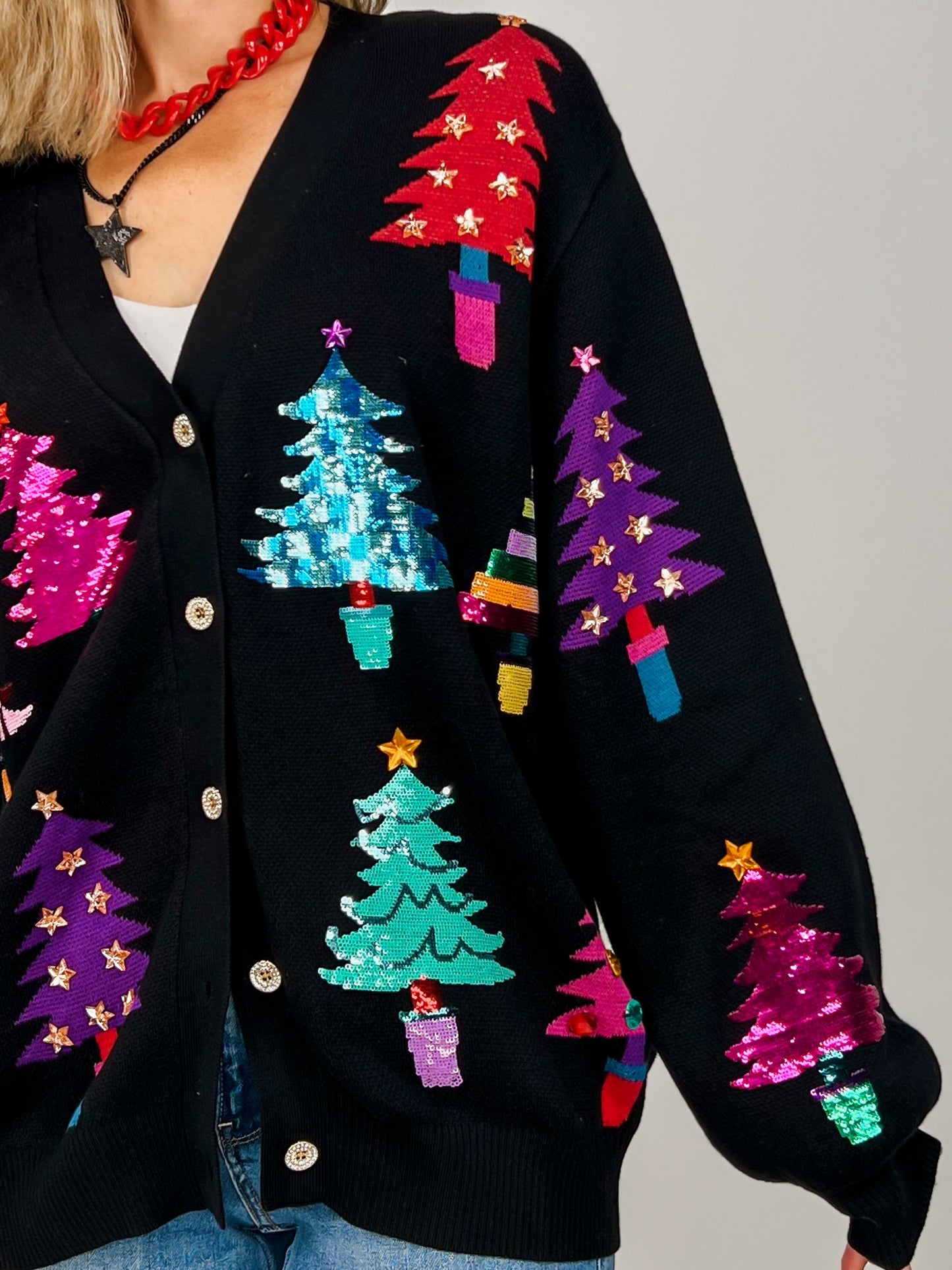 Queen of Sparkles Black Colorblock Trees Cardigan