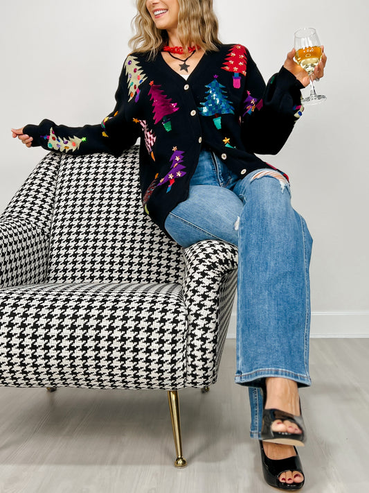 Queen of Sparkles Black Colorblock Trees Cardigan