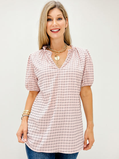 Herringbone Plaid Short Sleeve Top with V-Neckline