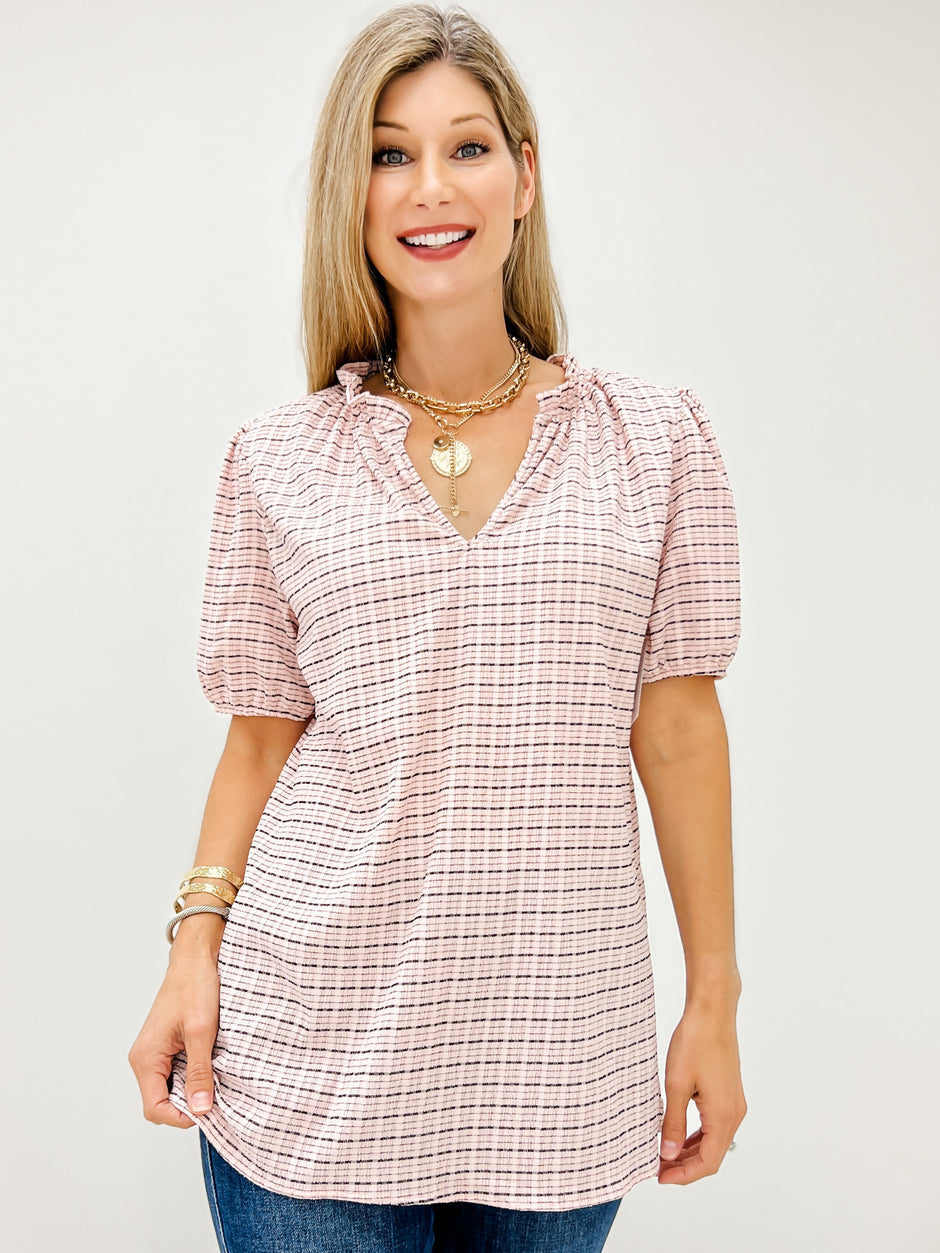 Herringbone Plaid Short Sleeve Top with V-Neckline
