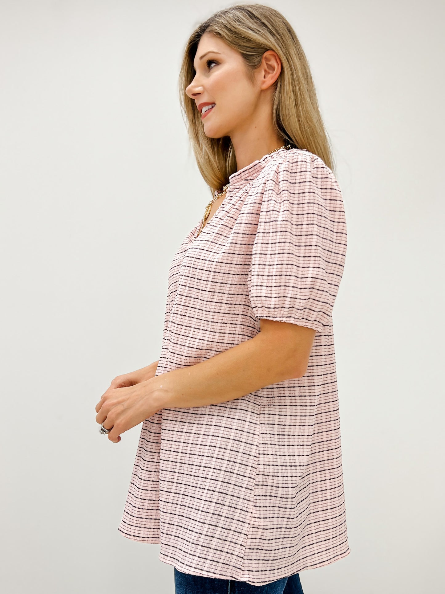 Herringbone Plaid Short Sleeve Top with V-Neckline