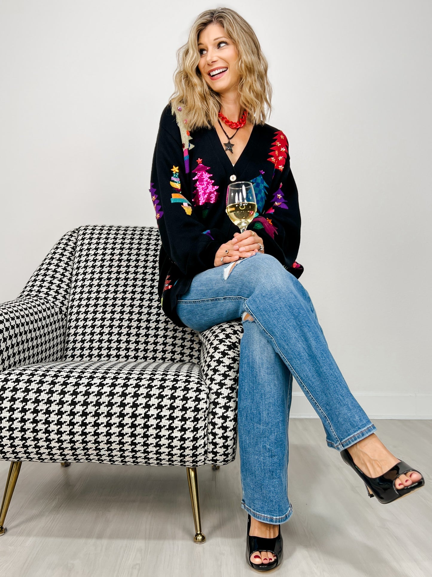 Queen of Sparkles Black Colorblock Trees Cardigan