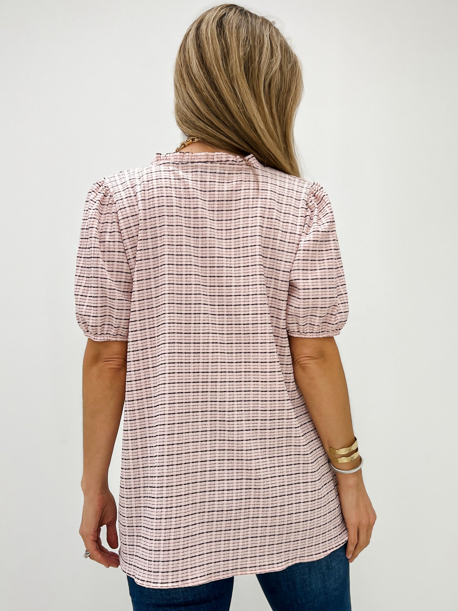 Herringbone Plaid Short Sleeve Top with V-Neckline