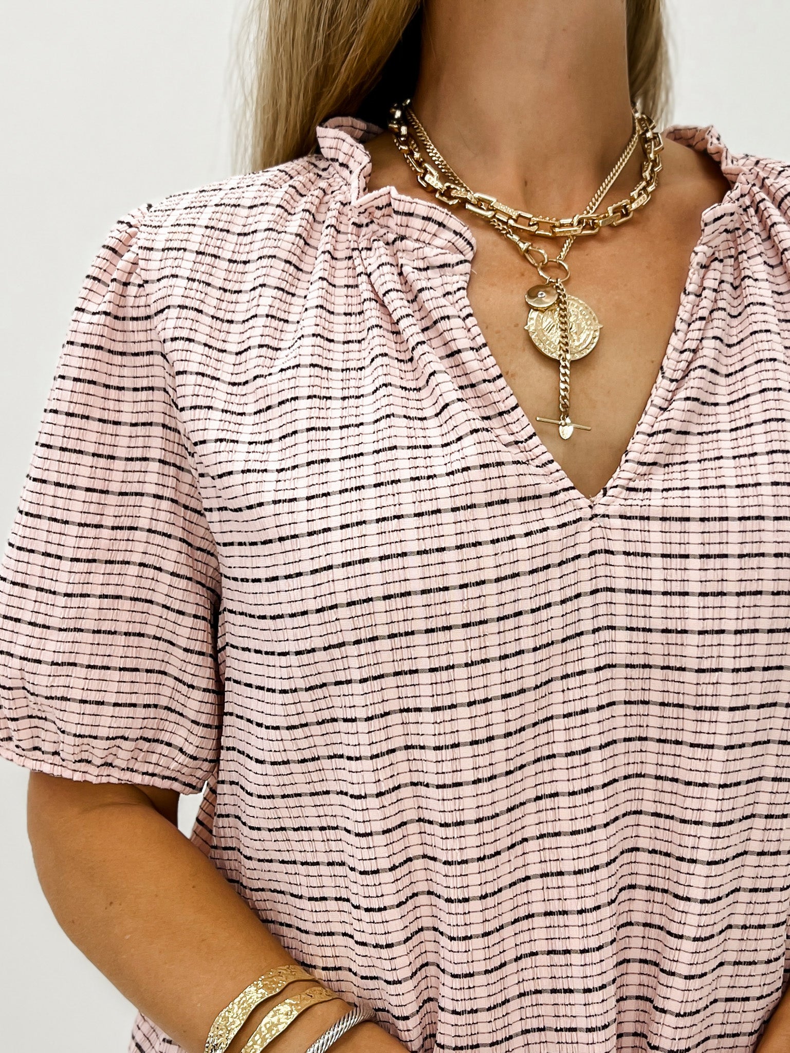 Herringbone Plaid Short Sleeve Top with V-Neckline