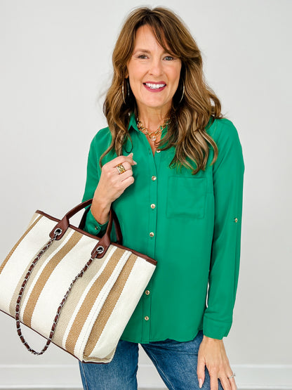 Solid Collared Button Down Top with Roll-Up Long Sleeves