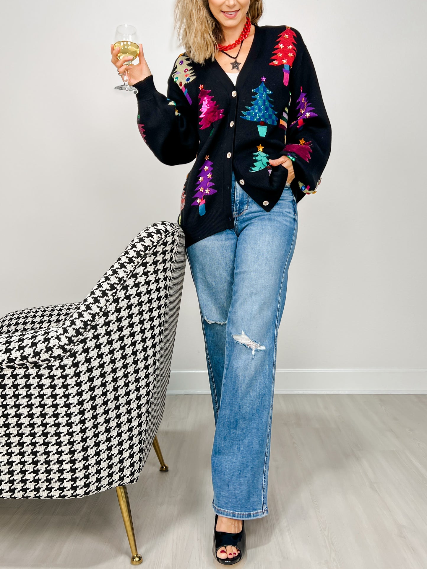 Queen of Sparkles Black Colorblock Trees Cardigan