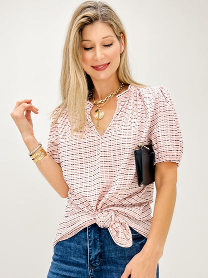 Herringbone Plaid Short Sleeve Top with V-Neckline