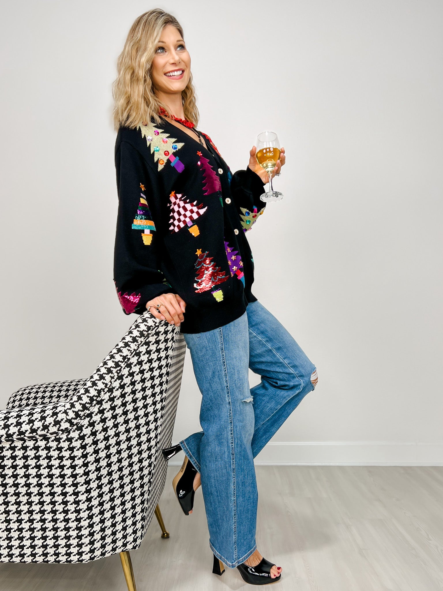 Queen of Sparkles Black Colorblock Trees Cardigan