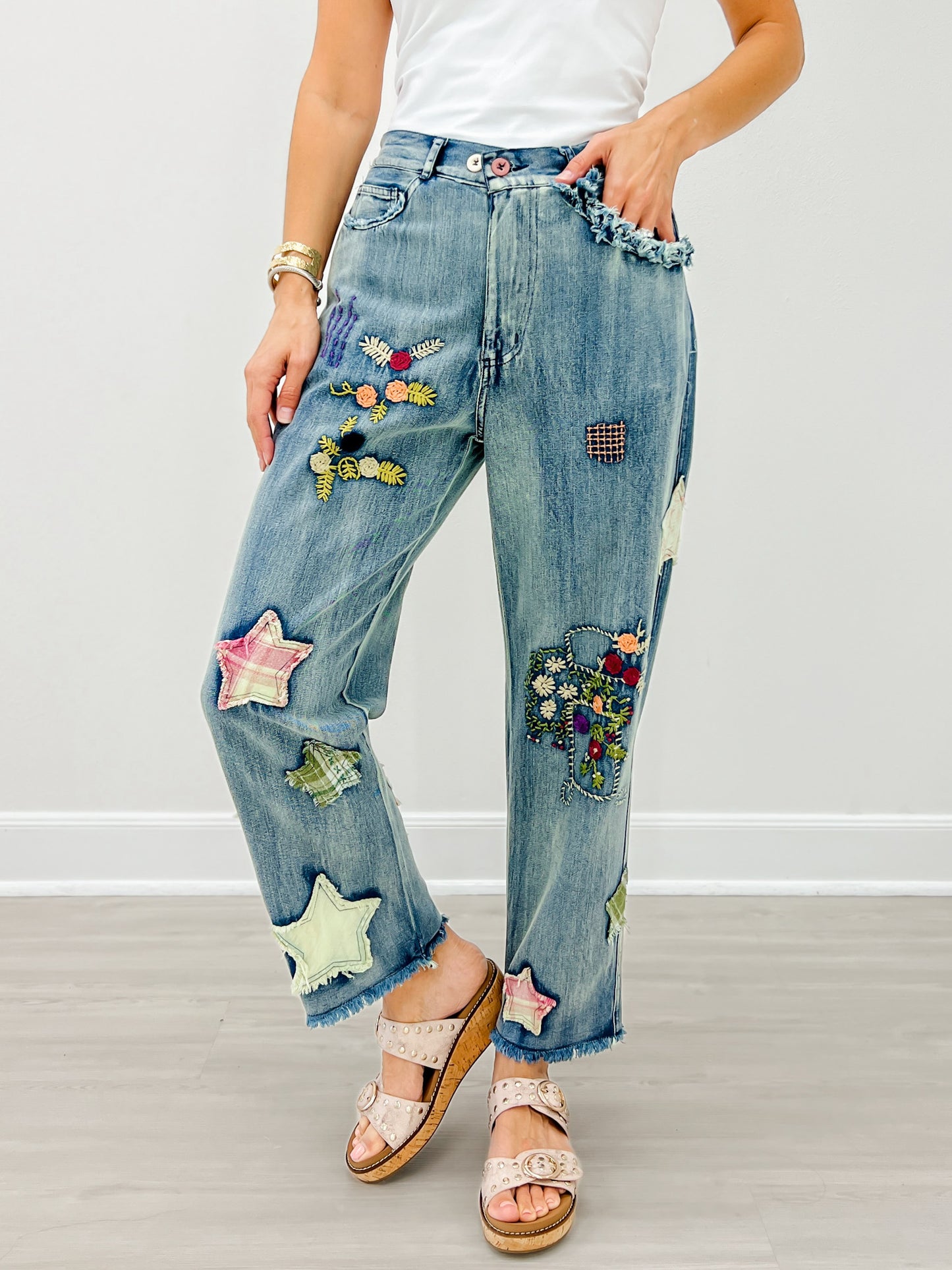 Elastic Waist Multi Patch Work Denim Pants