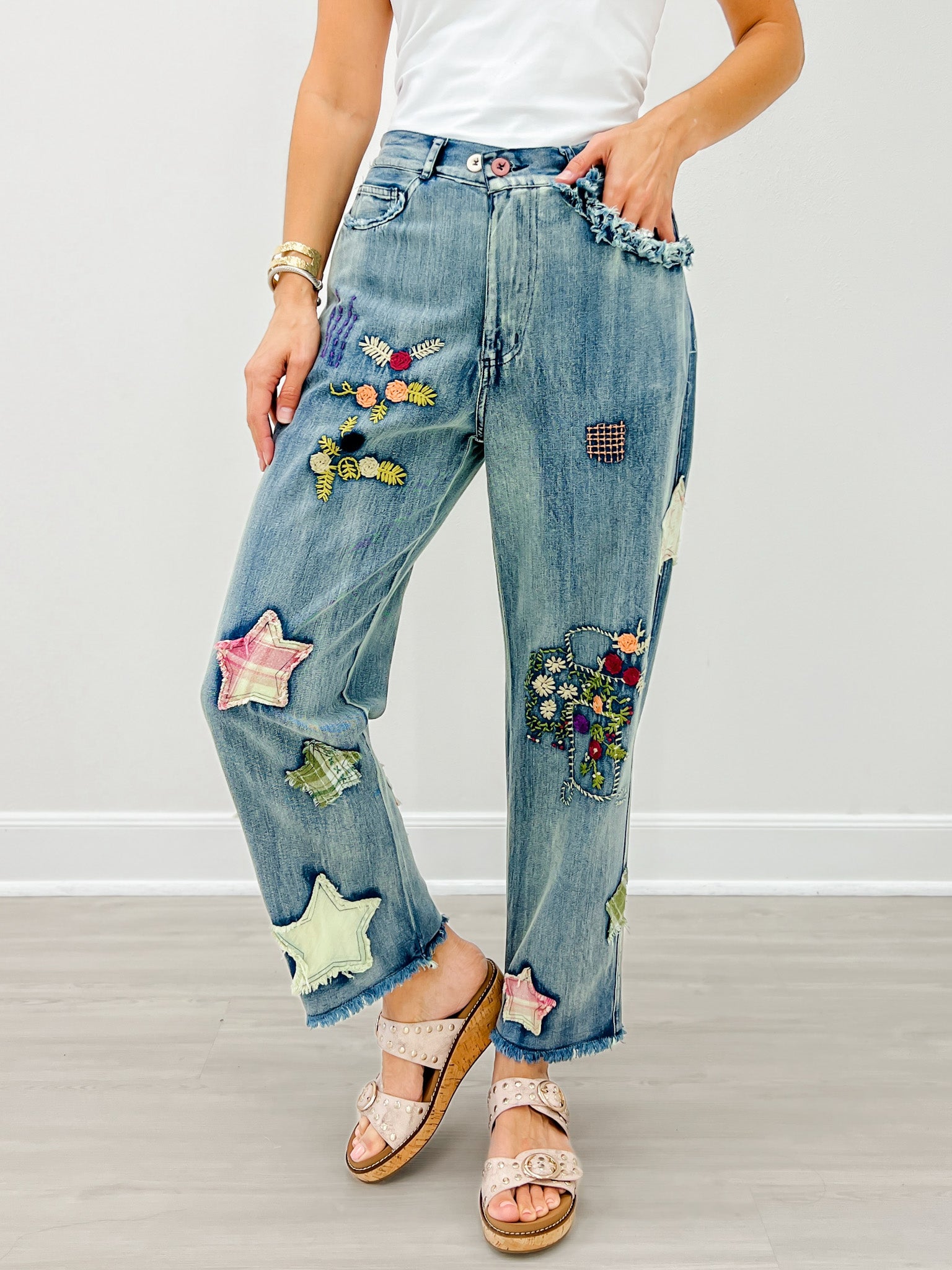 Elastic Waist Multi Patch Work Denim Pants