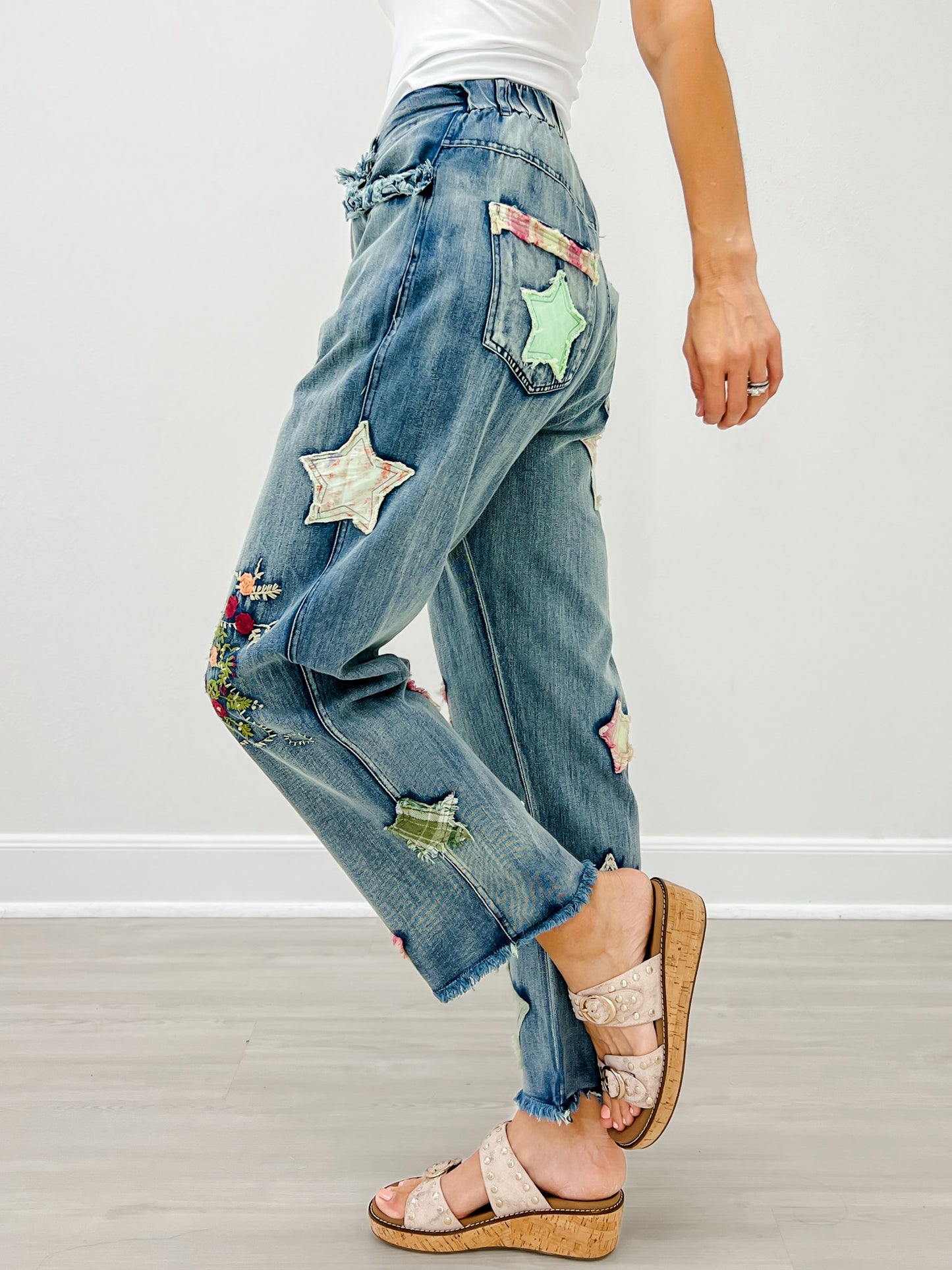 Elastic Waist Multi Patch Work Denim Pants
