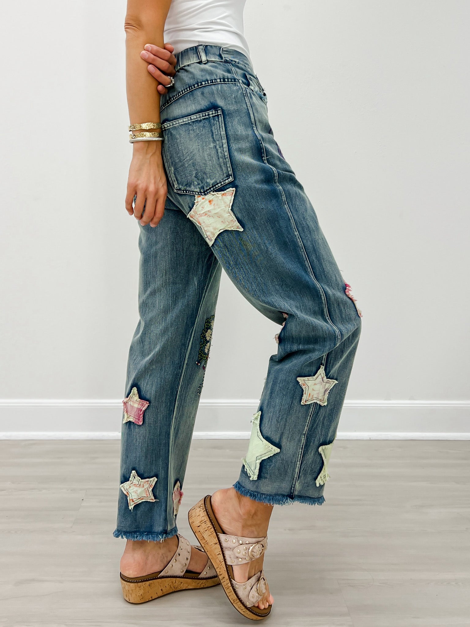 Elastic Waist Multi Patch Work Denim Pants