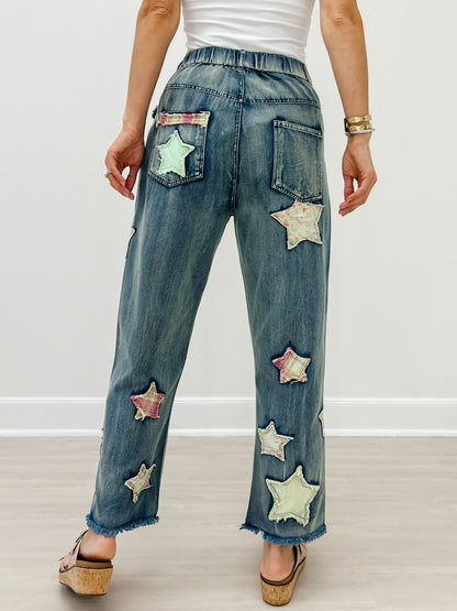Elastic Waist Multi Patch Work Denim Pants