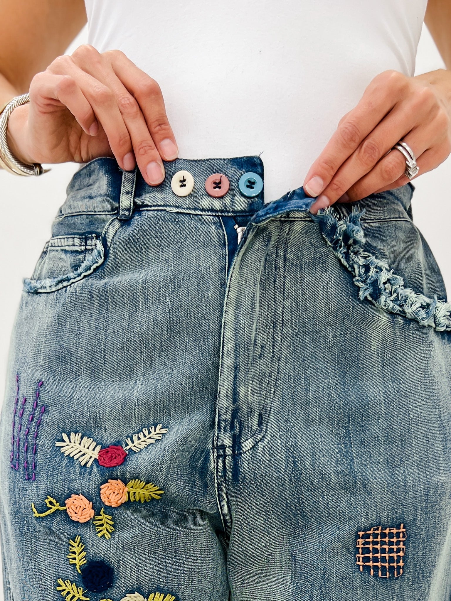 Elastic Waist Multi Patch Work Denim Pants